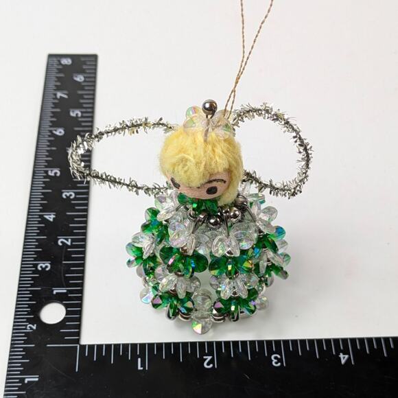 Vintage Beaded Christmas Ornament Cross Safety Pin Angel Green 90s Handmade OOAK - Picture 8 of 15